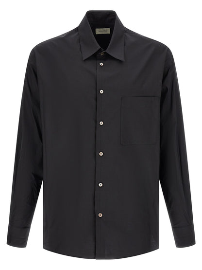 Shirt by Lemaire for men in cotton & silk black & pearl features an architectural silhouette with a refined long-sleeve and elegant for a architectural look.