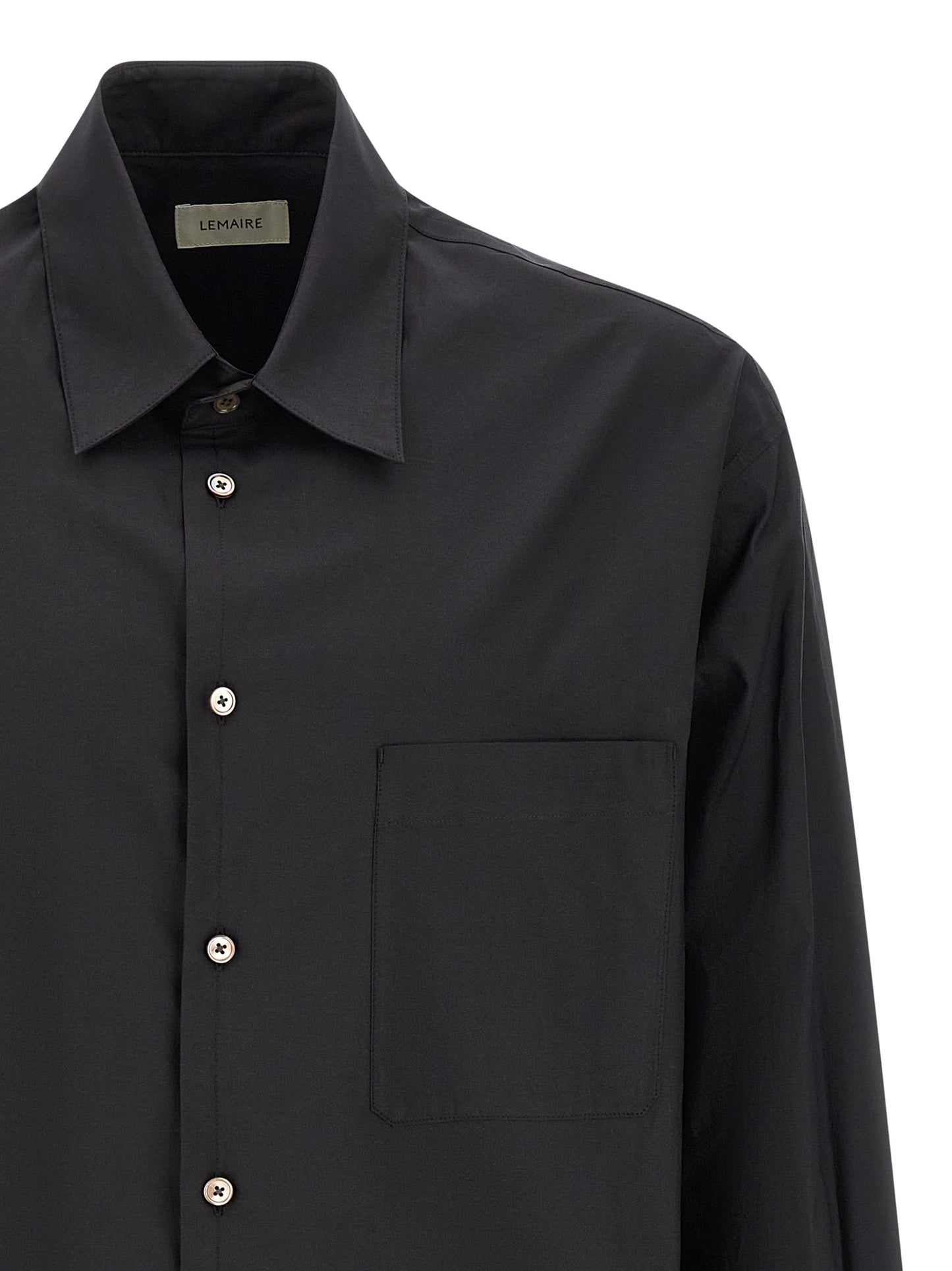 Shirt by Lemaire for men in cotton & silk black & pearl showcases a sublime silhouette, artfully detailed with a sublime and for a sophisticated, sublime finish.