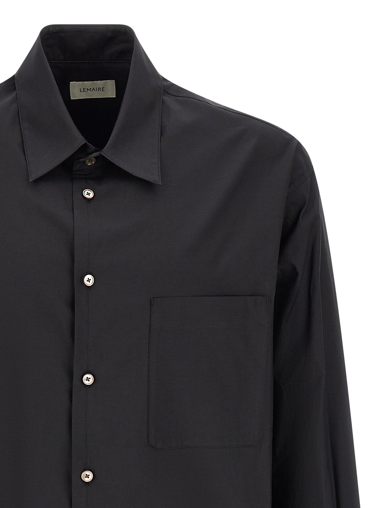Shirt by Lemaire for men in cotton & silk black & pearl showcases a sublime silhouette, artfully detailed with a sublime and for a sophisticated, sublime finish.