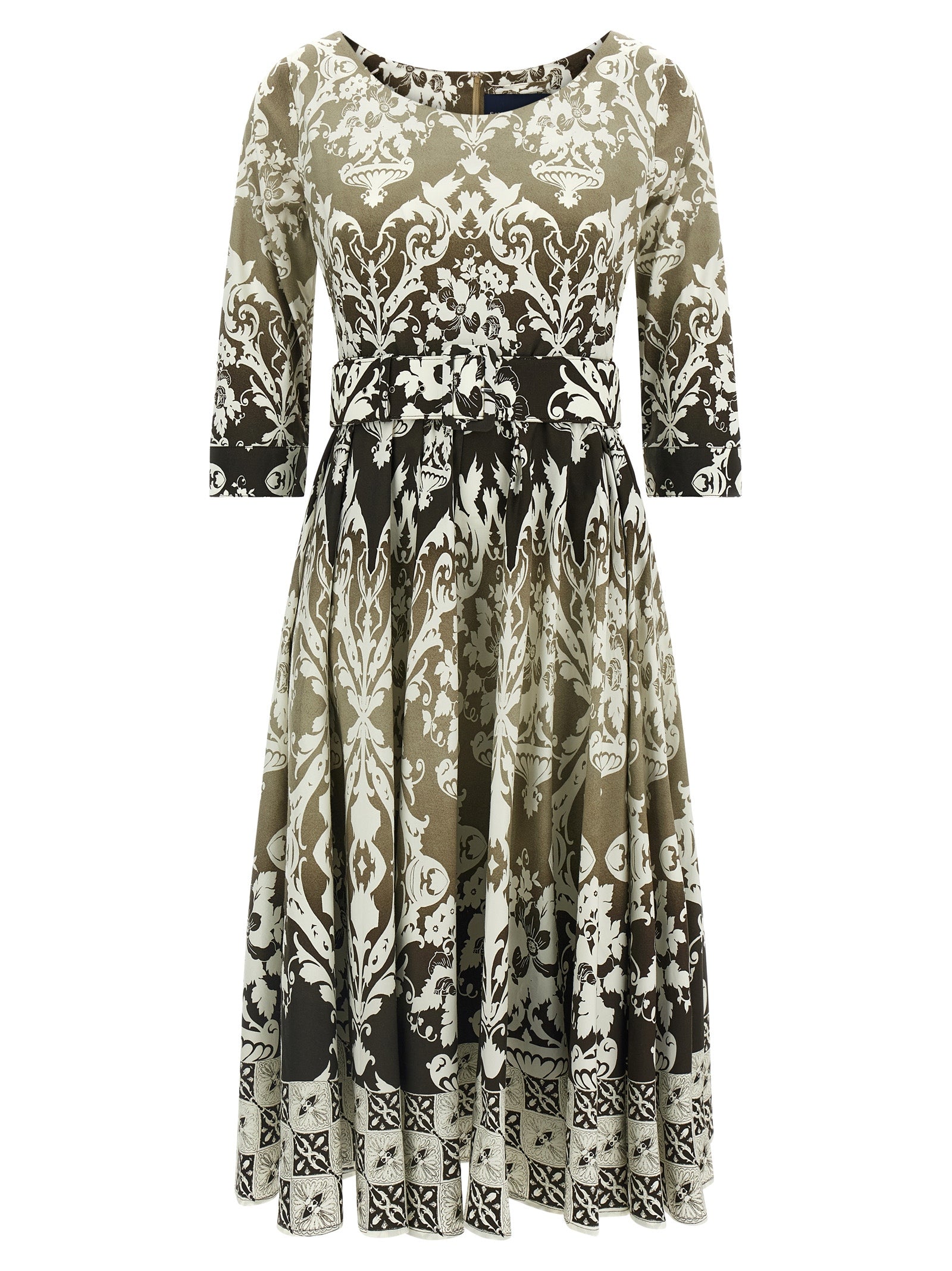 Dress by SAMANTHA SUNG for women in stretch cotton multicolor & print showcases a striking silhouette, elegantly detailed with a three-quarter-sleeve, refined round neckline, and a striking midi for a striking finish.