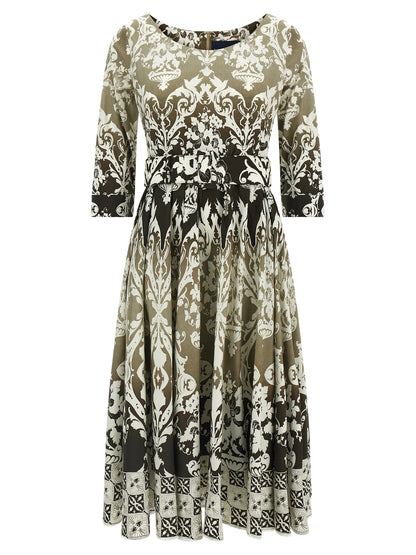 Dress by SAMANTHA SUNG for women in stretch cotton multicolor & print showcases a striking silhouette, elegantly detailed with a three-quarter-sleeve, refined round neckline, and a striking midi for a striking finish.