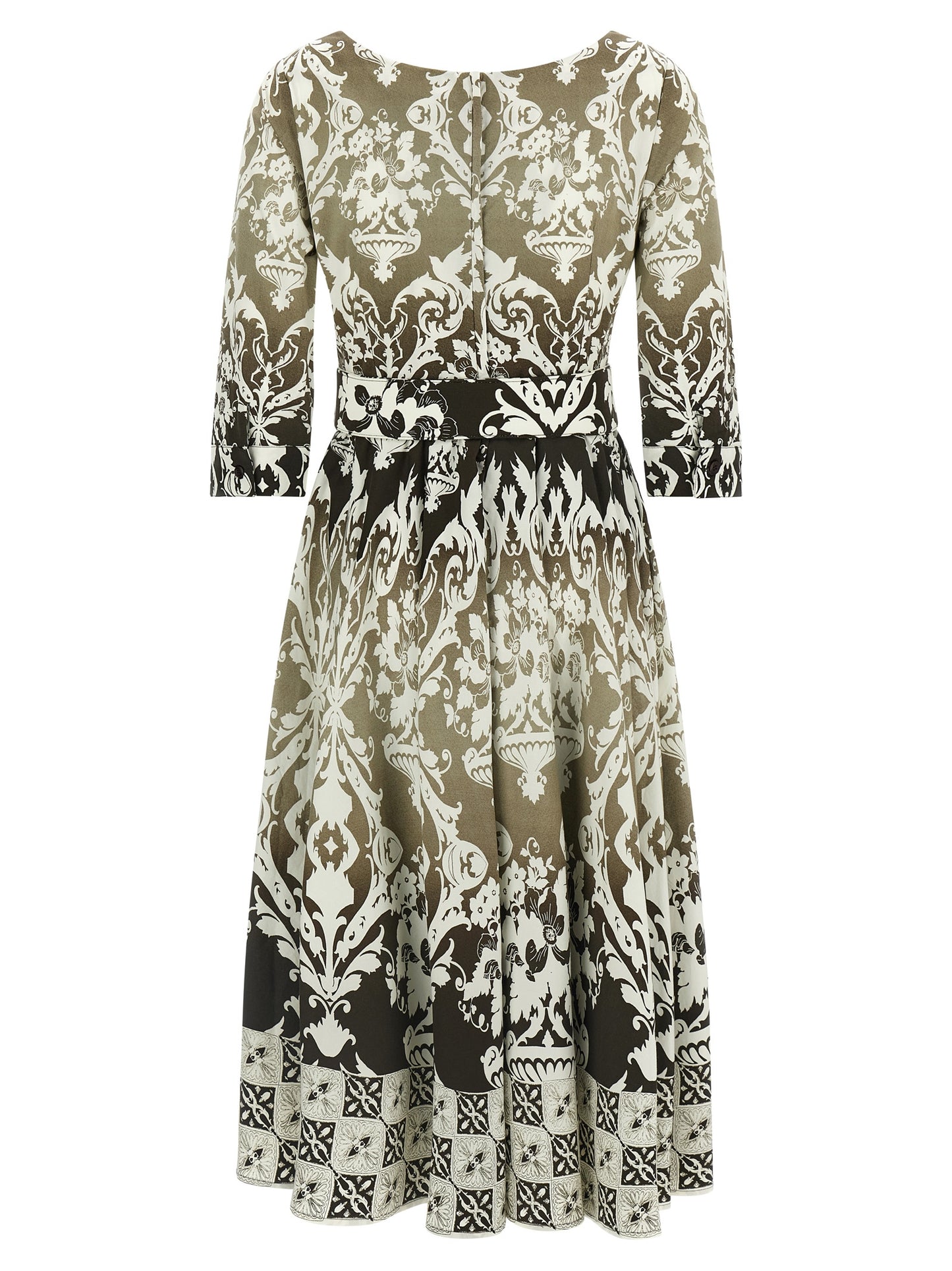 Dress by SAMANTHA SUNG for women in stretch cotton multicolor & print features an eye catching silhouette with a sophisticated round neckline, elegant , and a refined midi for a eye catching aesthetic.