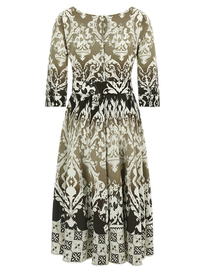 Dress by SAMANTHA SUNG for women in stretch cotton multicolor & print features an eye catching silhouette with a sophisticated round neckline, elegant , and a refined midi for a eye catching aesthetic.
