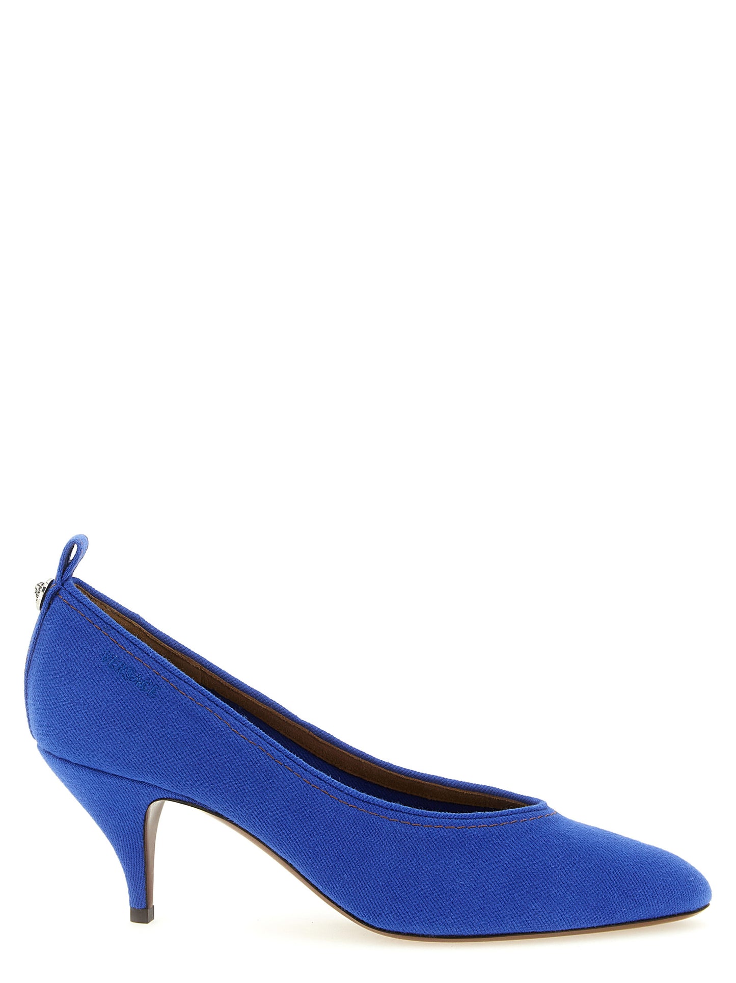 Mid-Heel Stiletto Pumps Heels by Versace for women in denim cotton blue features an captivating silhouette, showcasing the elegant Medusa Women's Denim Cotton Mid-Heel Stiletto Pumps Heels design with a stiletto mid-heel and a sophisticated pointed toe style.
