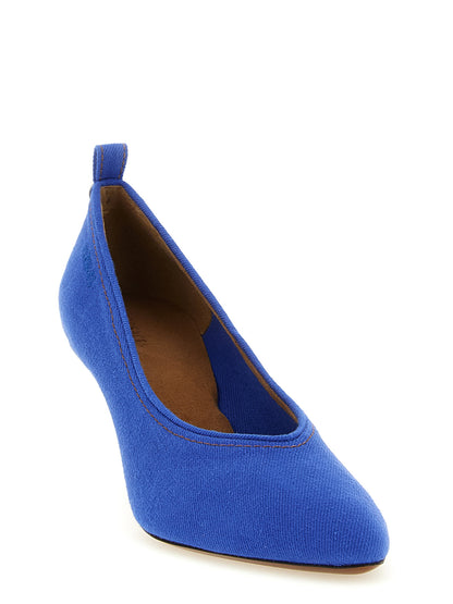 Mid-Heel Stiletto Pumps Heels by Versace for women in denim cotton blue features an effortlessly chic silhouette from the Medusa Women's Denim Cotton Mid-Heel Stiletto Pumps Heels collection, showcasing a stiletto mid-heel and effortlessly chic pointed toe style for a effortlessly chic look.