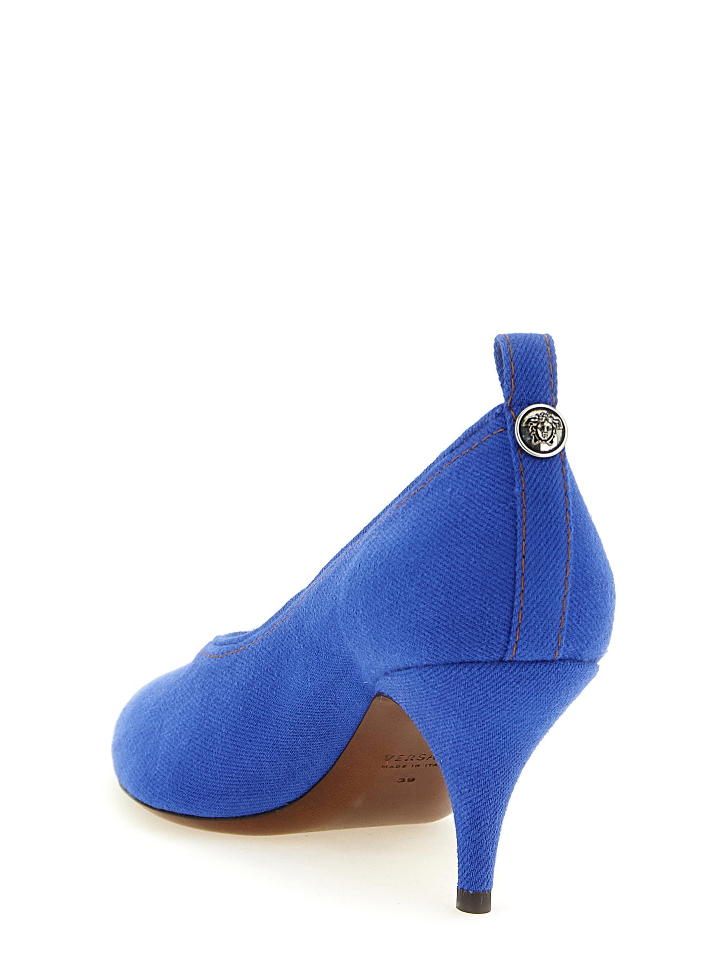 Mid-Heel Stiletto Pumps Heels by Versace for women in denim cotton blue features a effortlessly chic Medusa Women's Denim Cotton Mid-Heel Stiletto Pumps Heels design with a sophisticated stiletto mid-heel and elegant pointed toe style.