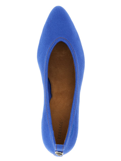 Mid-Heel Stiletto Pumps Heels by Versace for women in denim cotton blue features a effortless chic silhouette, showcasing the Medusa Women's Denim Cotton Mid-Heel Stiletto Pumps Heels design with a effortless chic stiletto mid-heel and pointed toe style for a effortless chic finish.
