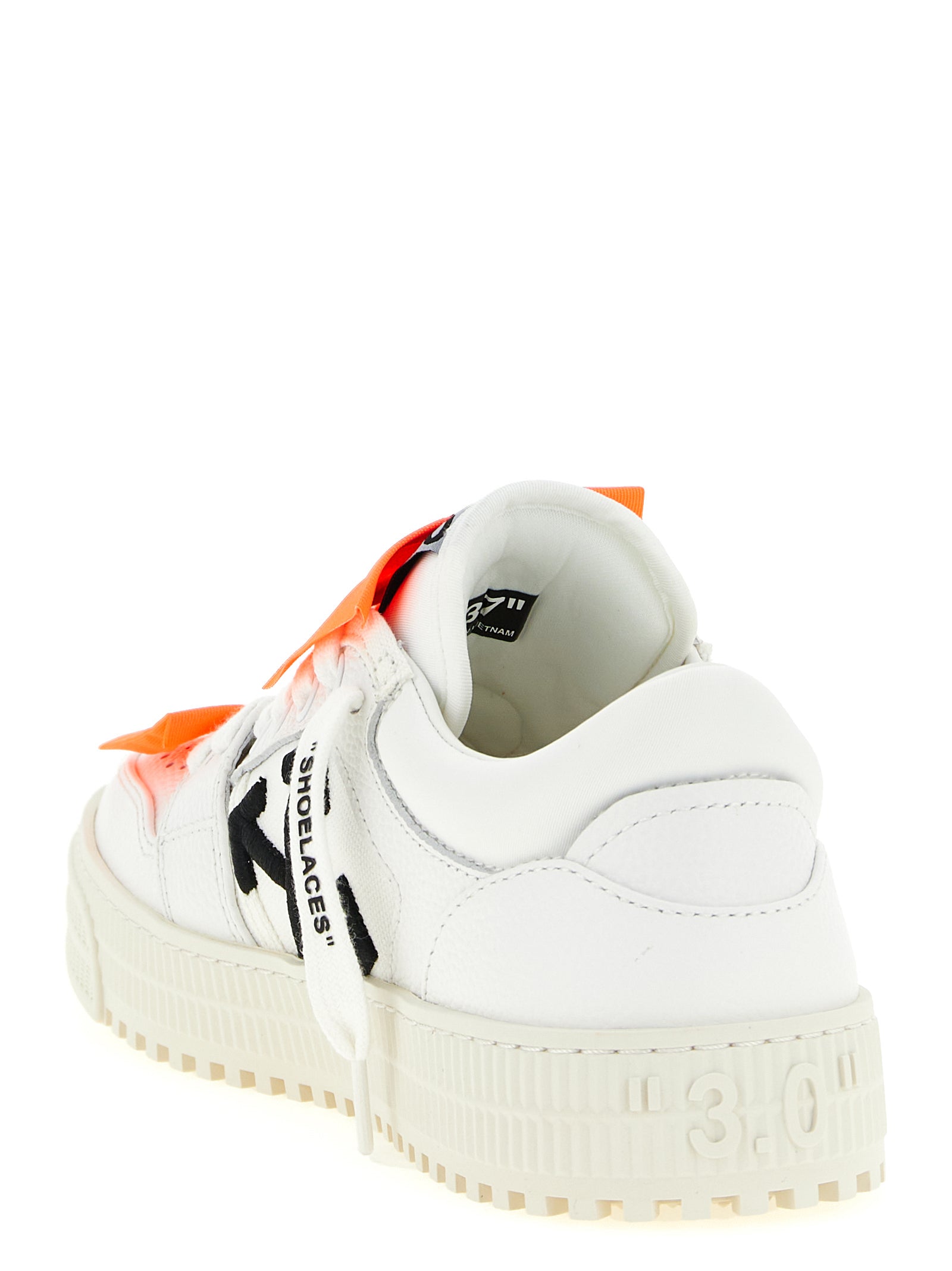 Athletic Sneakers by Off-White for women in cotton canvas & calf leather white showcases a architectural silhouette, artfully capturing the essence of the Women's Low Top Cotton Canvas & Calf Leather Athletic Sneakers with its signature architectural low-top style construction.
