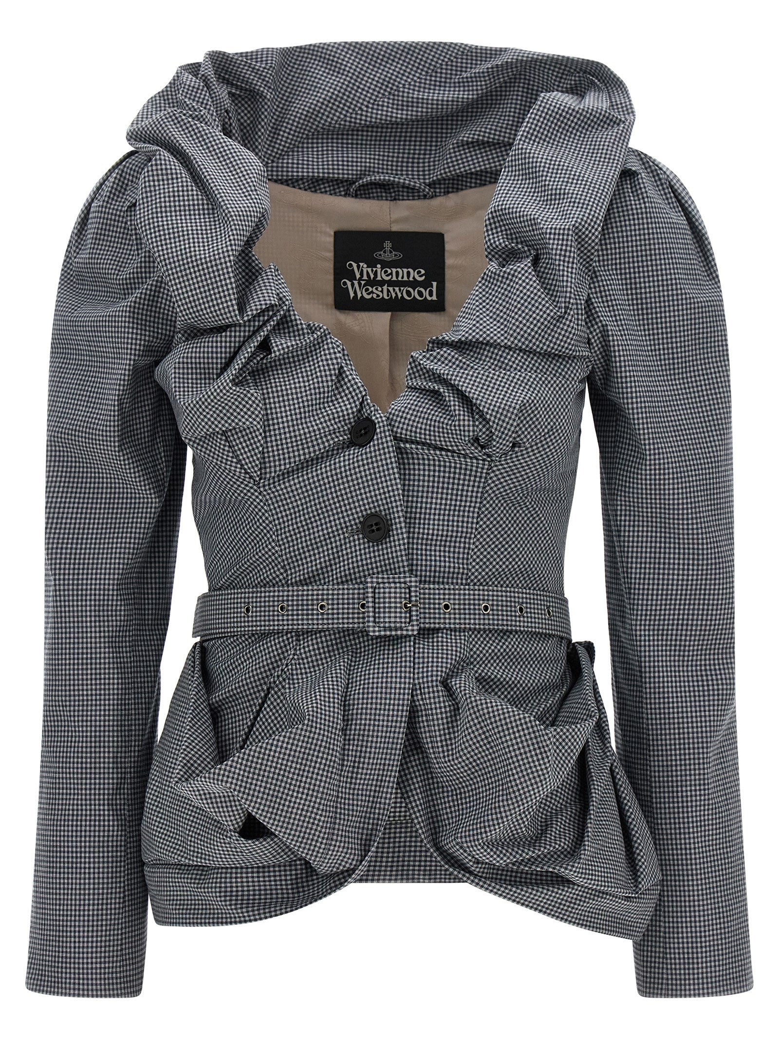 Blazer by Vivienne Westwood for women in stretch viscose cotton gray, patterned & monogram showcases a discerning silhouette, elegantly detailed with a sophisticated shawl-collar neckline and premium for a truly discerning finish.