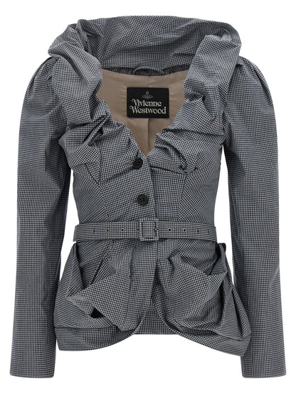 Blazer by Vivienne Westwood for women in stretch viscose cotton gray, patterned & monogram showcases a discerning silhouette, elegantly detailed with a sophisticated shawl-collar neckline and premium for a truly discerning finish.