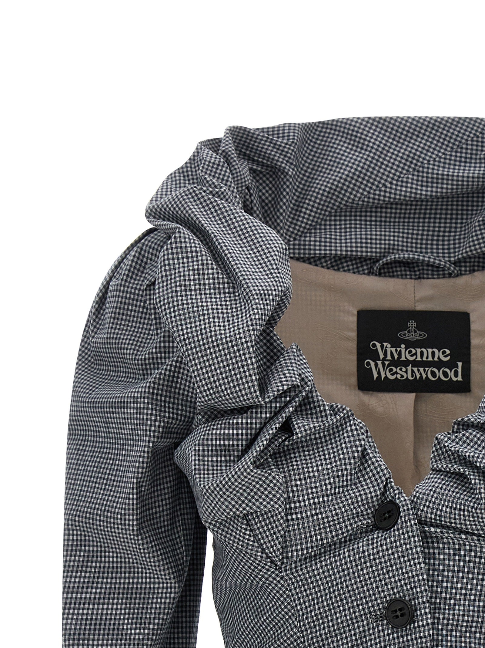 Blazer by Vivienne Westwood for women in stretch viscose cotton gray, patterned & monogram features an sartorial silhouette, showcasing a sophisticated shawl-collar neckline and sartorial for a truly sartorial finish.
