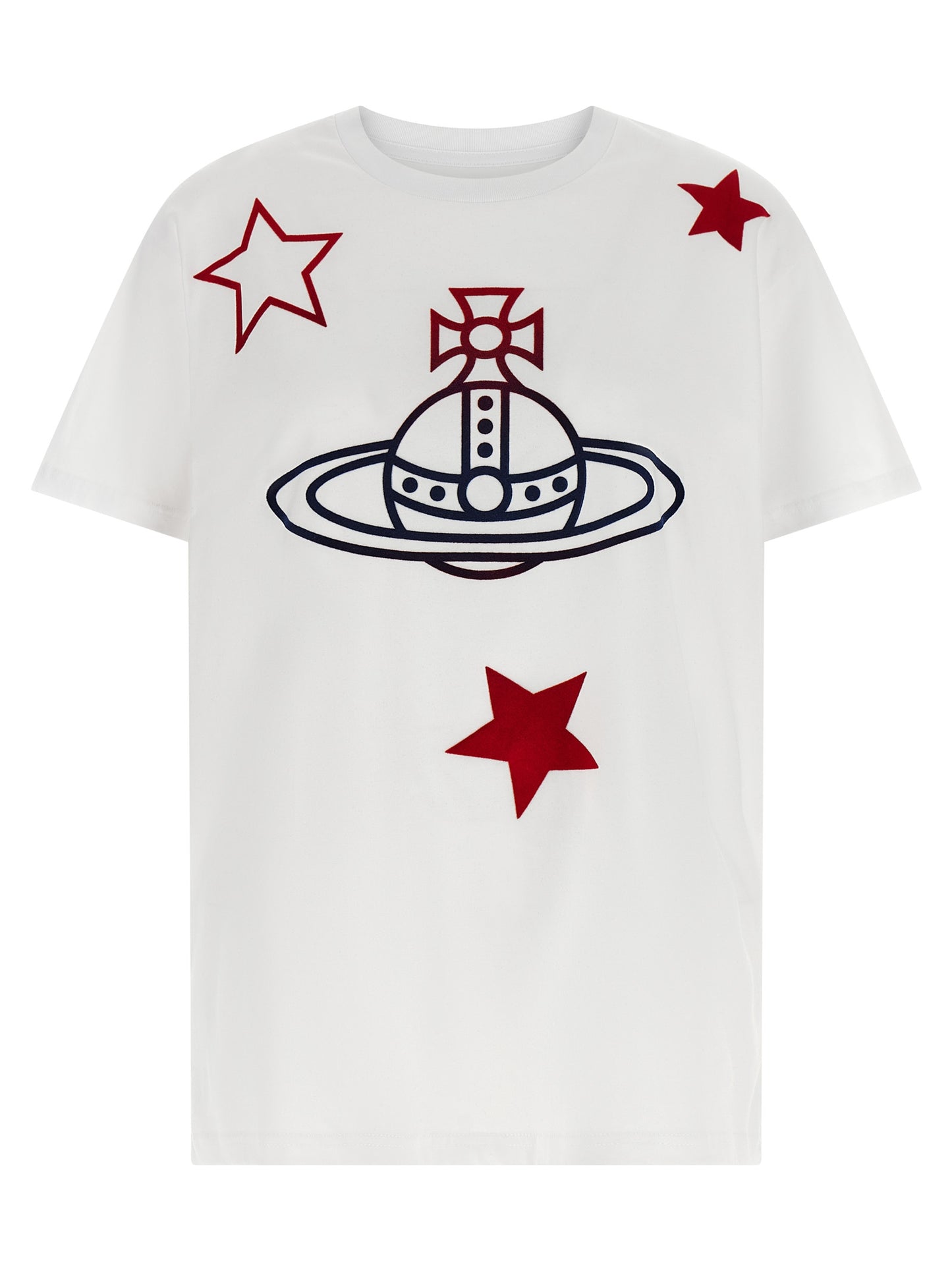 T-Shirt by Vivienne Westwood for women in cotton white & print showcases a fashionable silhouette, elegantly detailed with a fashionable short-sleeve and crew neckline for a sophisticated, high-fashion look.