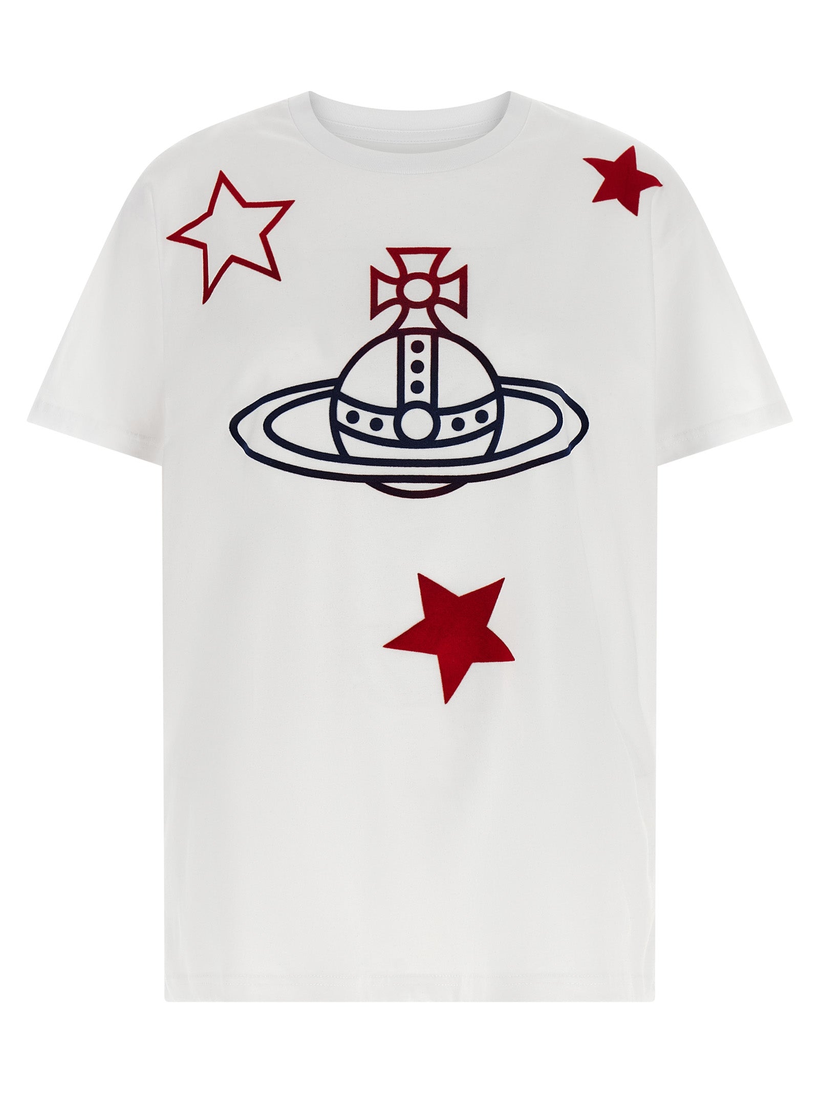 T-Shirt by Vivienne Westwood for women in cotton white & print showcases a fashionable silhouette, elegantly detailed with a fashionable short-sleeve and crew neckline for a sophisticated, high-fashion look.