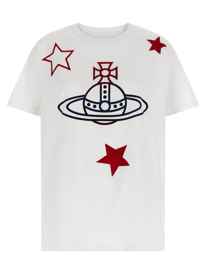 T-Shirt by Vivienne Westwood for women in cotton white & print showcases a fashionable silhouette, elegantly detailed with a fashionable short-sleeve and crew neckline for a sophisticated, high-fashion look.