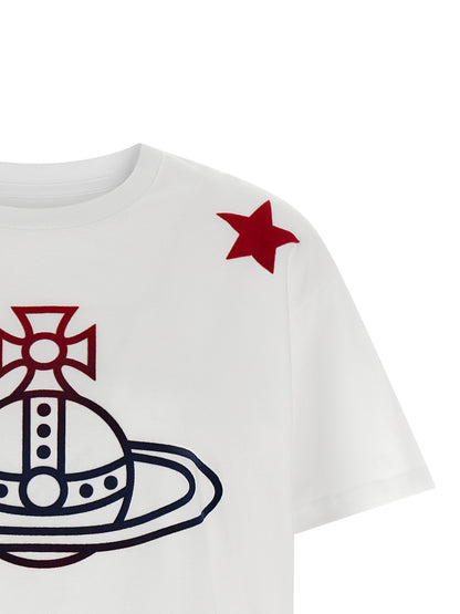 T-Shirt by Vivienne Westwood for women in cotton white & print showcases a dramatic silhouette, elegantly detailed with a dramatic crew neckline and for a truly dramatic finish.