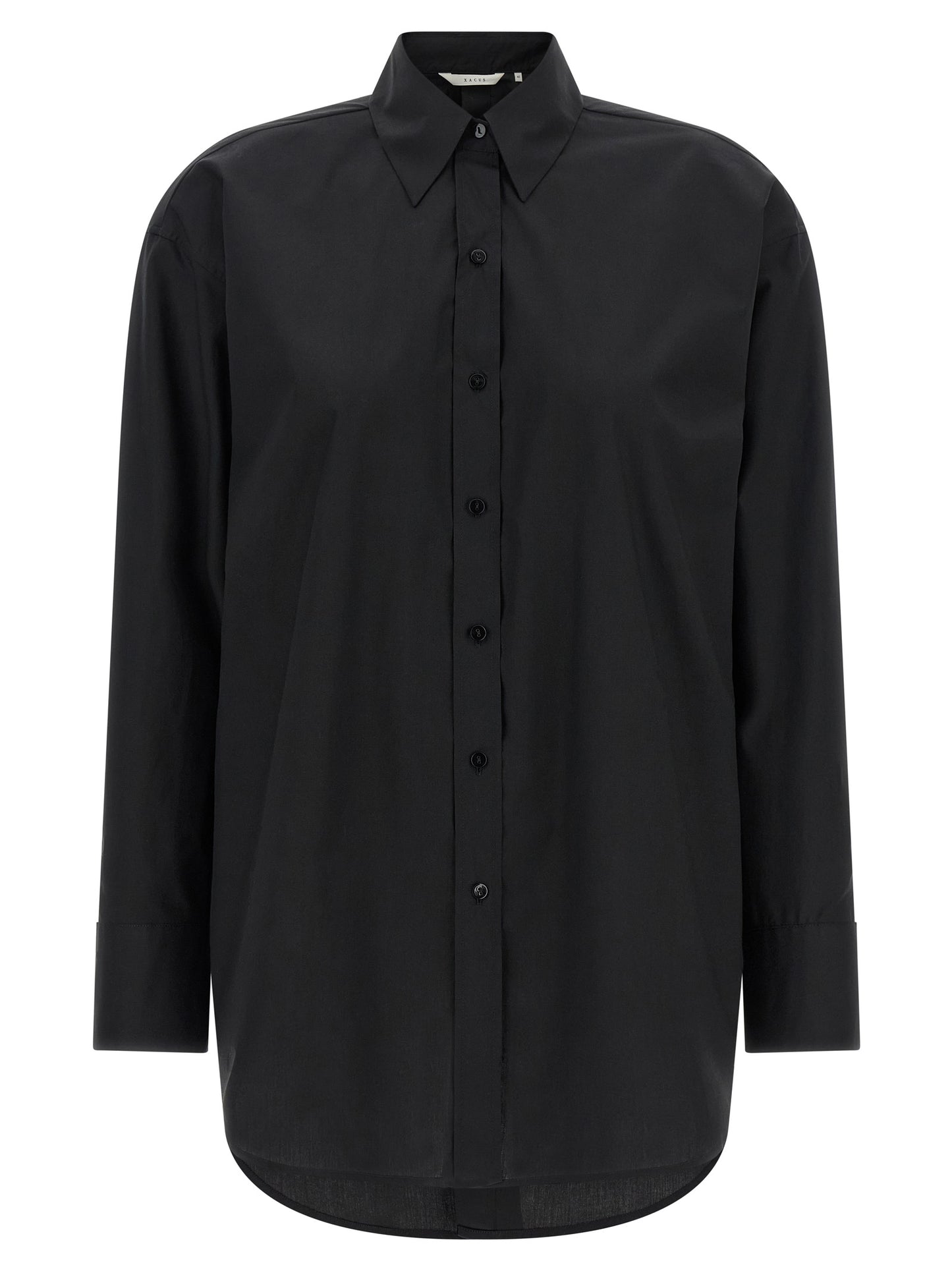 Blouse by XACUS for women in cotton black showcases a sharp silhouette, elegantly detailed with a sharp and sharp long-sleeve.