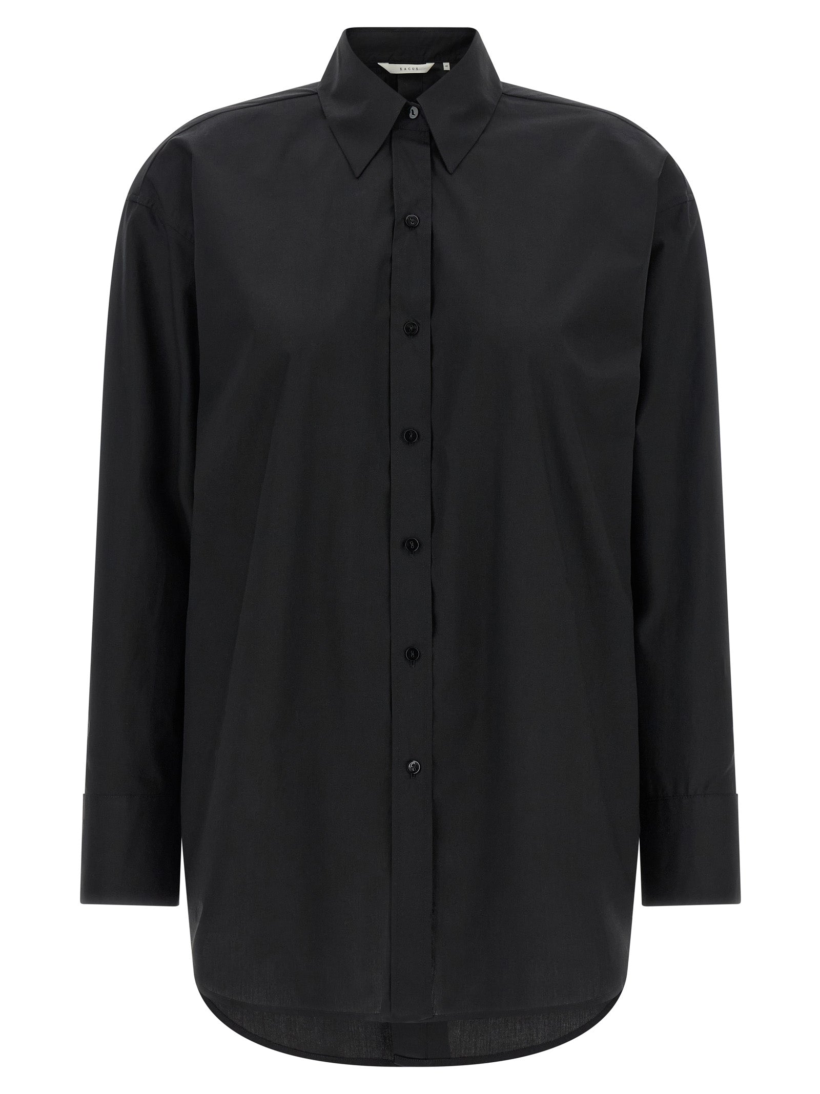 Blouse by XACUS for women in cotton black showcases a sharp silhouette, elegantly detailed with a sharp and sharp long-sleeve.
