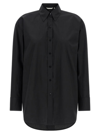 Blouse by XACUS for women in cotton black showcases a sharp silhouette, elegantly detailed with a sharp and sharp long-sleeve.
