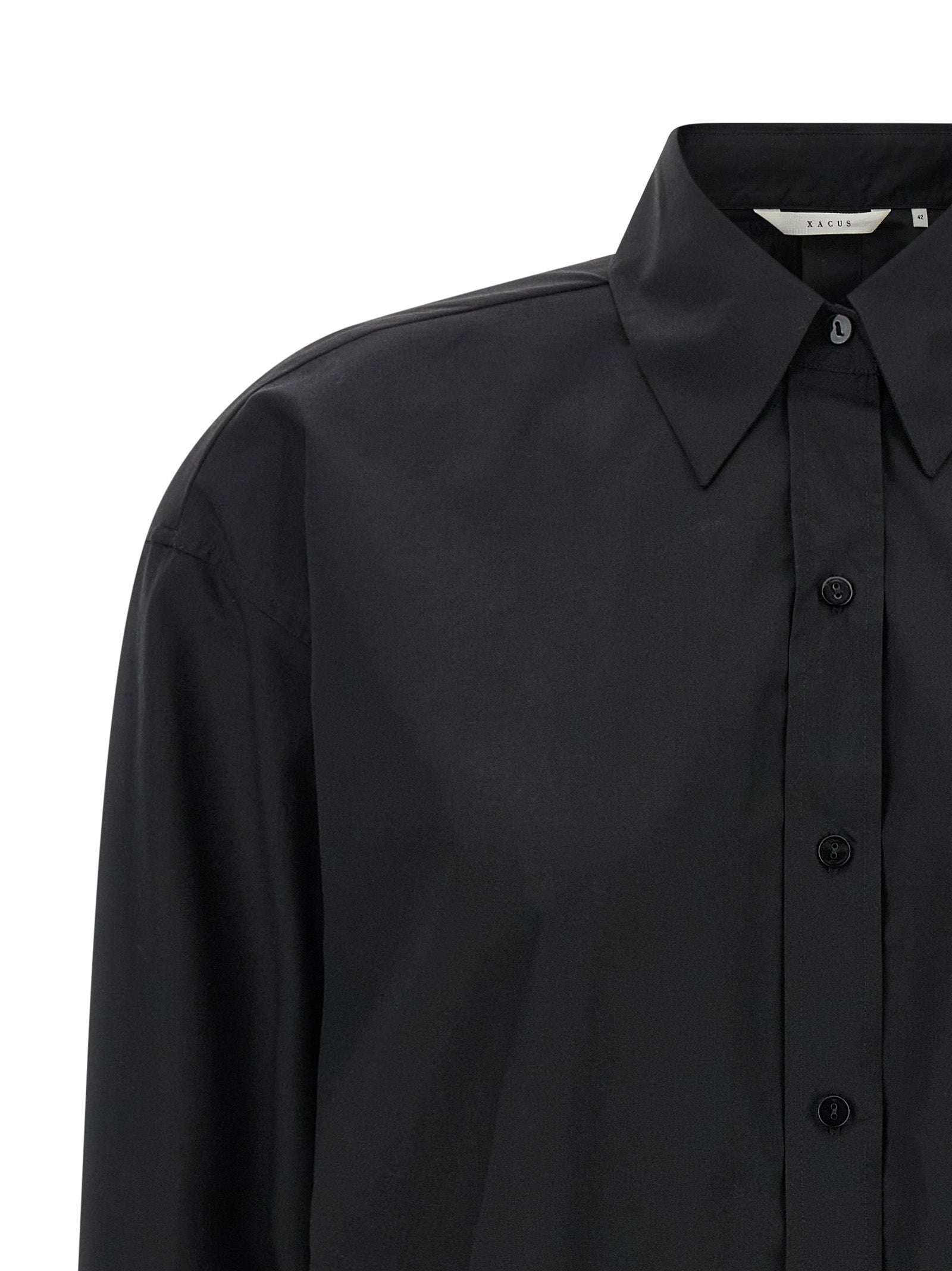 Blouse by XACUS for women in cotton black showcases a sleek silhouette, elegantly detailed with a sleek and for a sleek finish.