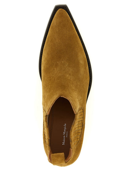 Wedge Ankle Chelsea Cowboy Boots by Maison Margiela for men in bos taurus suede leather brown & signature features an avant-garde Aren Men's Bos Taurus Suede Leather Wedge Ankle Chelsea Cowboy Boots silhouette, defined by a sophisticated wedge and a avant-garde .