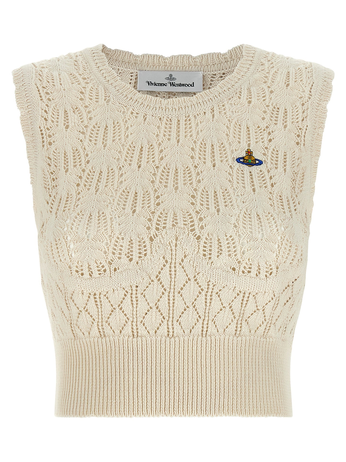 T-Shirt by Vivienne Westwood for women in organic cotton beige & patterned showcases a chic silhouette, artfully detailed with a chic crew neckline and sleeveless for a chic finish.