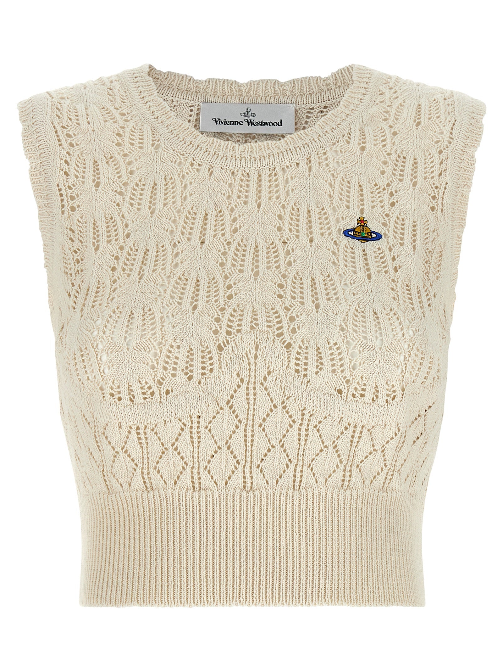 T-Shirt by Vivienne Westwood for women in organic cotton beige & patterned showcases a chic silhouette, artfully detailed with a chic crew neckline and sleeveless for a chic finish.