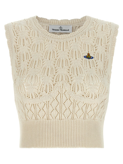 T-Shirt by Vivienne Westwood for women in organic cotton beige & patterned showcases a chic silhouette, artfully detailed with a chic crew neckline and sleeveless for a chic finish.