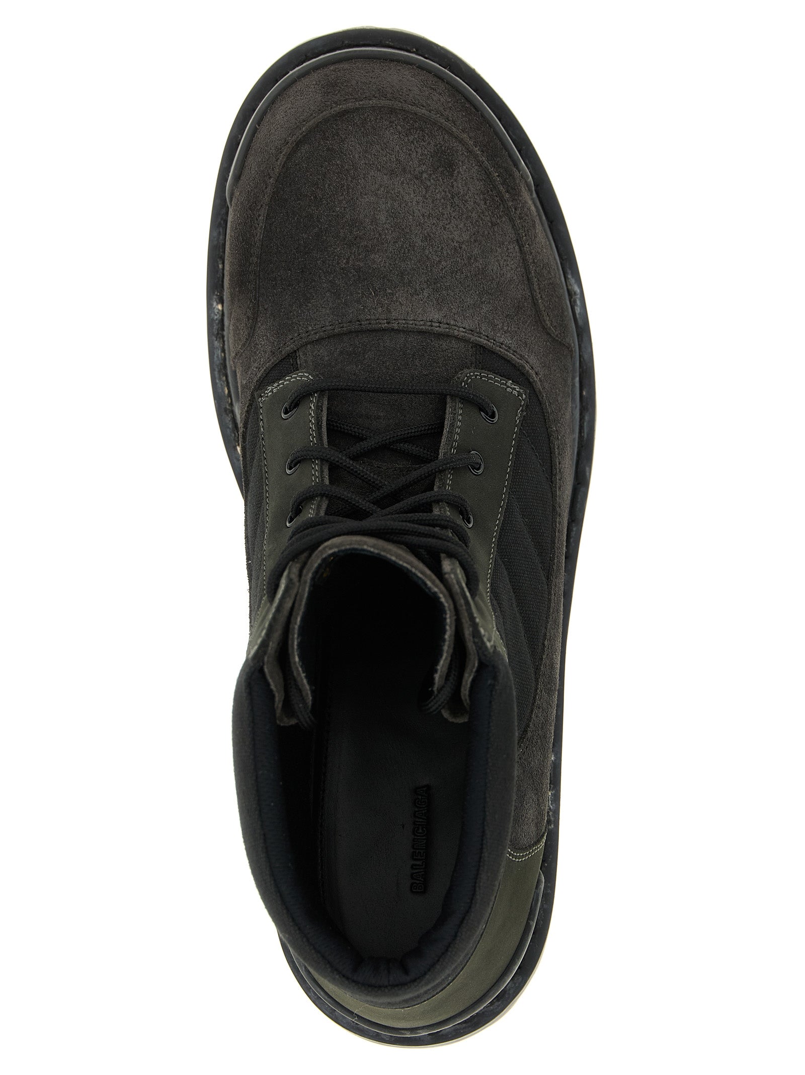 Lace-Up Ankle Combat Boots by Balenciaga for men in nubuck suede calfskin & cotton canvas brown features an high-performance silhouette, showcasing the sophisticated design of the Men's Nubuck Suede Calfskin & Cotton Canvas Lace-Up Ankle Combat Boots with a and a refined .