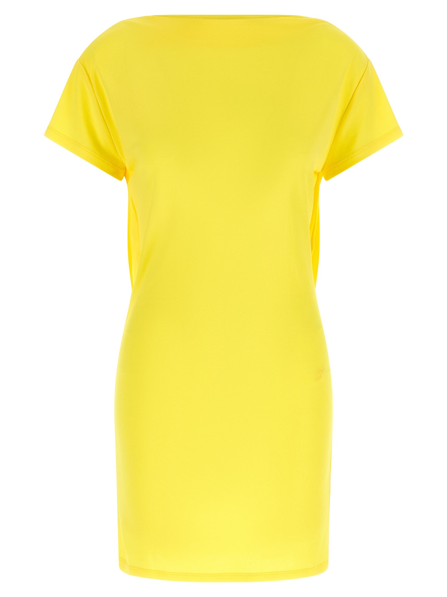 Dress by Jacquemus for women in polyamide viscose bicolour & yellow features a dramatic silhouette, showcasing an elegant boat neckline and short-sleeve that flows into a dramatic short.