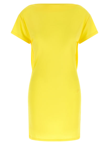 Dress by Jacquemus for women in polyamide viscose bicolour & yellow features a dramatic silhouette, showcasing an elegant boat neckline and short-sleeve that flows into a dramatic short.