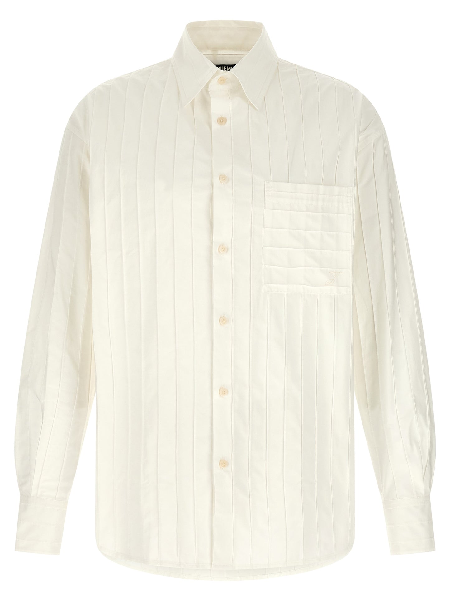 Shirt by Jacquemus for men in cotton horn, white & striped showcases a sharp silhouette, elegantly detailed with a sharp and sharp long-sleeve.