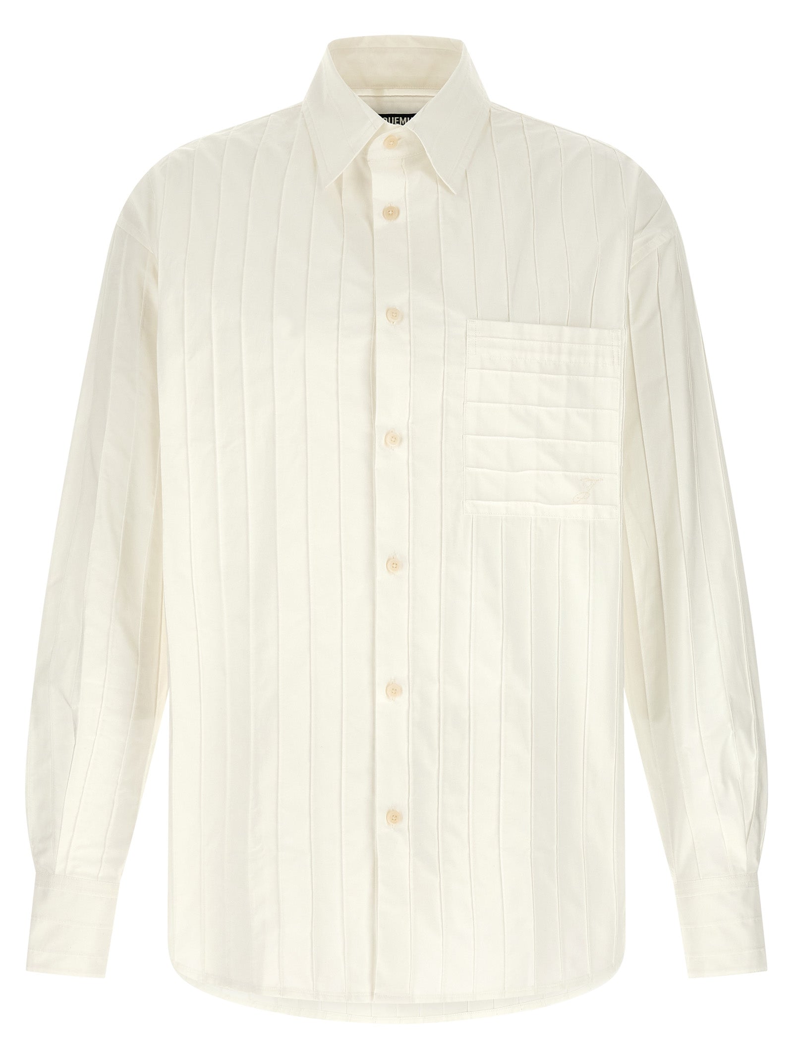 Shirt by Jacquemus for men in cotton horn, white & striped showcases a sharp silhouette, elegantly detailed with a sharp and sharp long-sleeve.