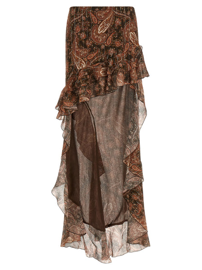The Andamane Camelia Women's High Rise Lurex Polyester Viscose & Silk Mini Skirt - Brown Patterned Paisley Print