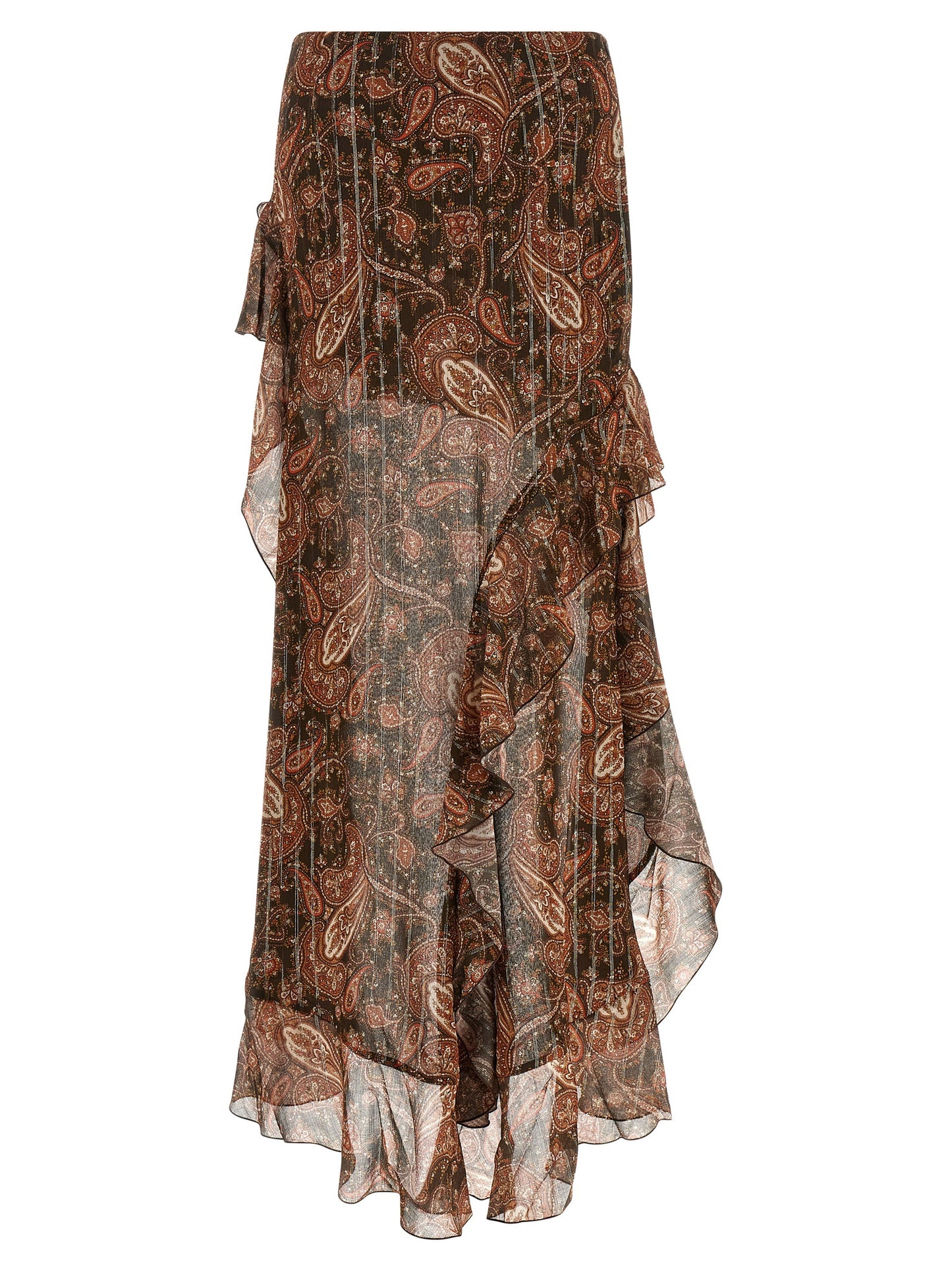 The Andamane Camelia Women's High Rise Lurex Polyester Viscose & Silk Mini Skirt - Brown Patterned Paisley Print