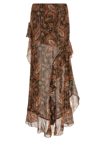 The Andamane Camelia Women's High Rise Lurex Polyester Viscose & Silk Mini Skirt - Brown Patterned Paisley Print