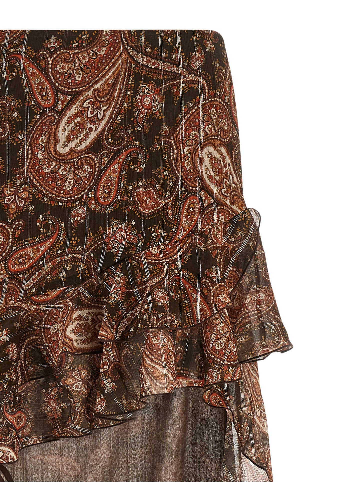 The Andamane Camelia Women's High Rise Lurex Polyester Viscose & Silk Mini Skirt - Brown Patterned Paisley Print