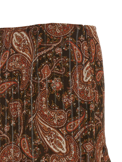 The Andamane Camelia Women's High Rise Lurex Polyester Viscose & Silk Mini Skirt - Brown Patterned Paisley Print