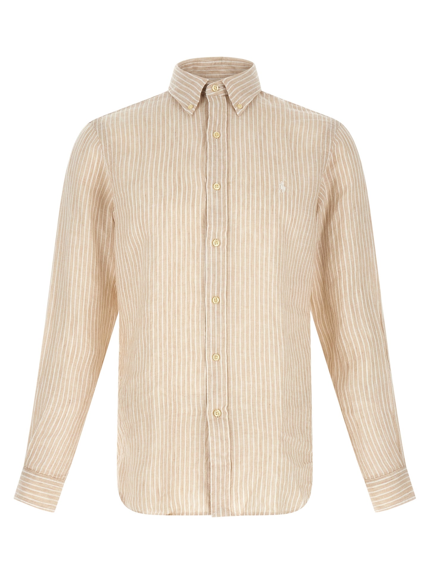 Shirt by Polo Ralph Lauren for men in linen beige & striped showcases a sublime silhouette, artfully detailed with a sublime and for a sophisticated, sublime finish.
