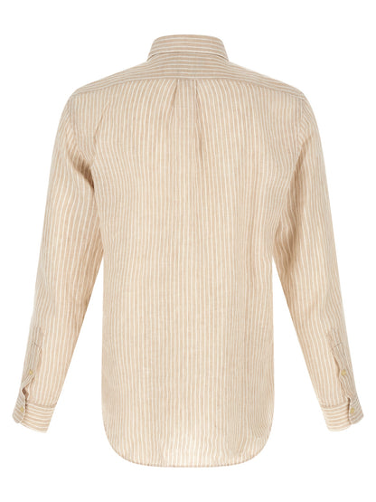 Shirt by Polo Ralph Lauren for men in linen beige & striped showcases a sharp silhouette, elegantly detailed with a sharp and sharp .