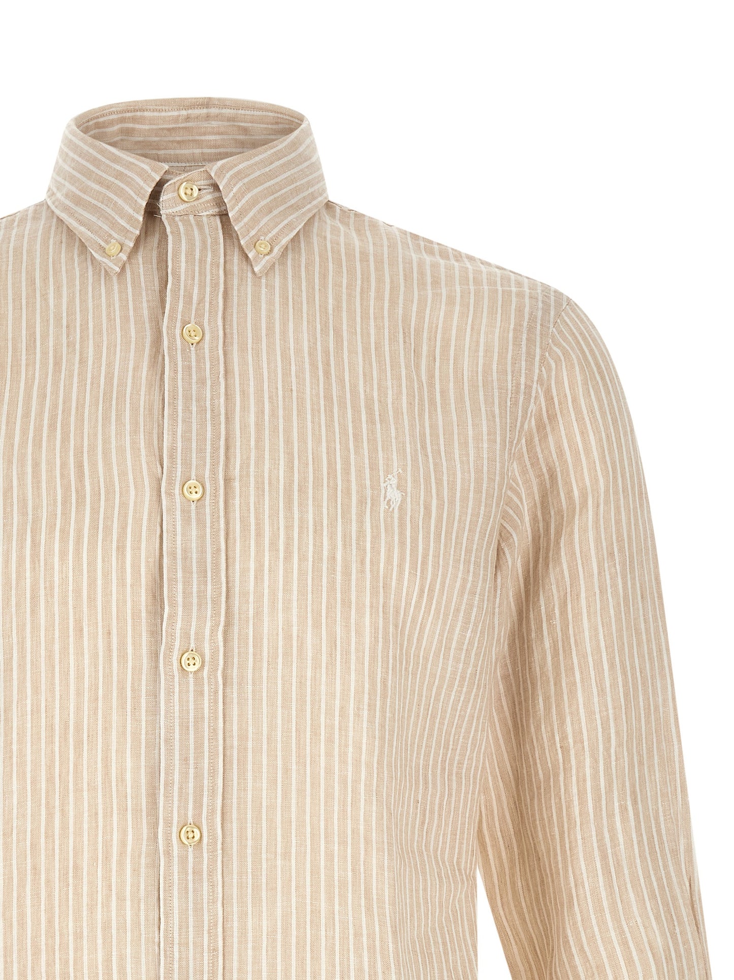 Shirt by Polo Ralph Lauren for men in linen beige & striped features an polished silhouette, showcasing a sophisticated and detail for a truly polished finish.