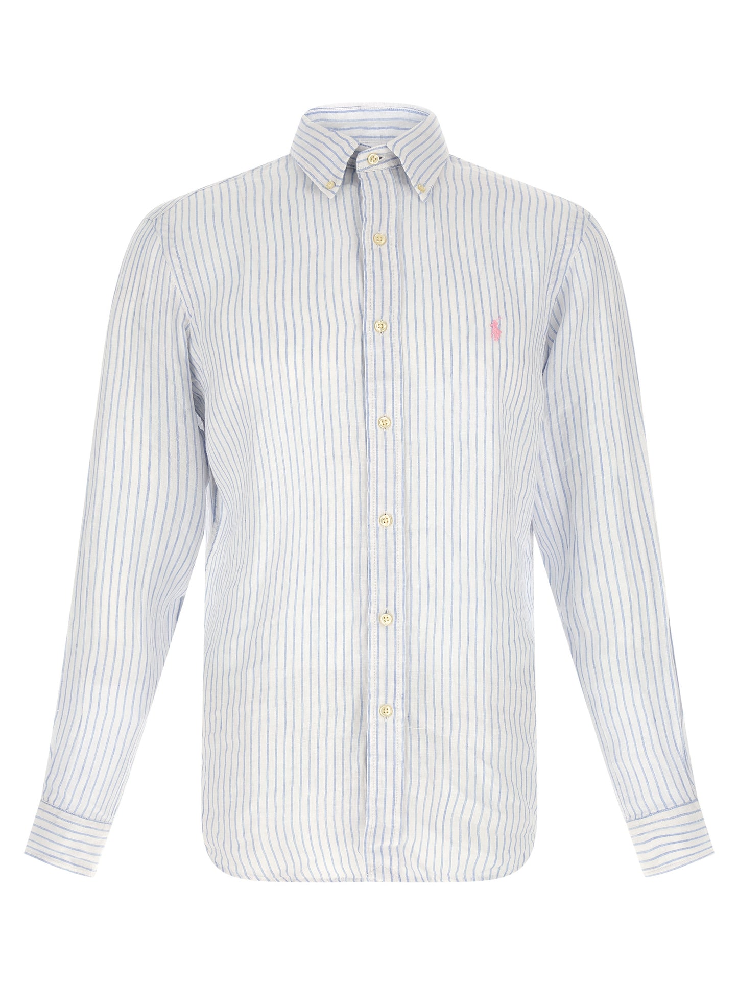 Shirt by Polo Ralph Lauren for men in linen light-blue & striped showcases a sublime silhouette, artfully detailed with a sublime and for a sophisticated, sublime finish.