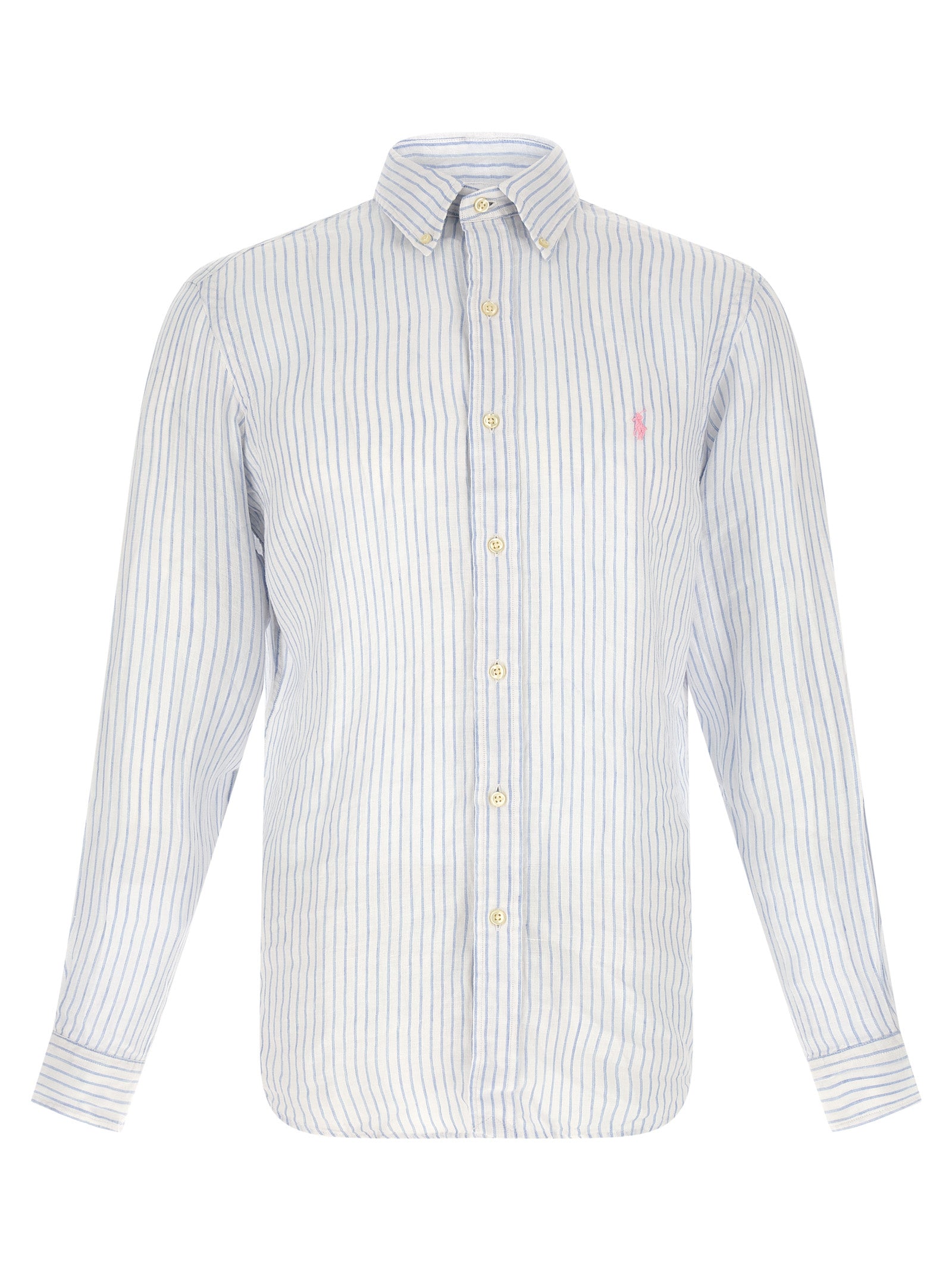 Shirt by Polo Ralph Lauren for men in linen light-blue & striped showcases a sublime silhouette, artfully detailed with a sublime and for a sophisticated, sublime finish.