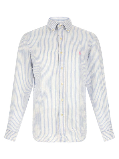 Shirt by Polo Ralph Lauren for men in linen light-blue & striped showcases a sublime silhouette, artfully detailed with a sublime and for a sophisticated, sublime finish.