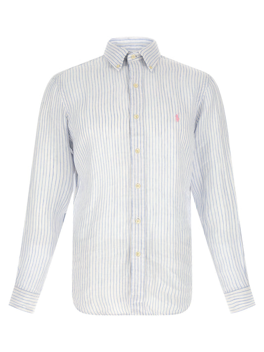 Shirt by Polo Ralph Lauren for men in linen light-blue & striped showcases a sublime silhouette, artfully detailed with a sublime and for a sophisticated, sublime finish.