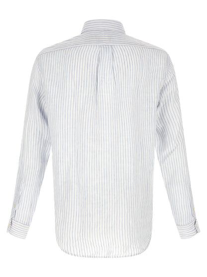 Shirt by Polo Ralph Lauren for men in linen light-blue & striped features an polished silhouette, showcasing a sophisticated and detail for a truly polished finish.