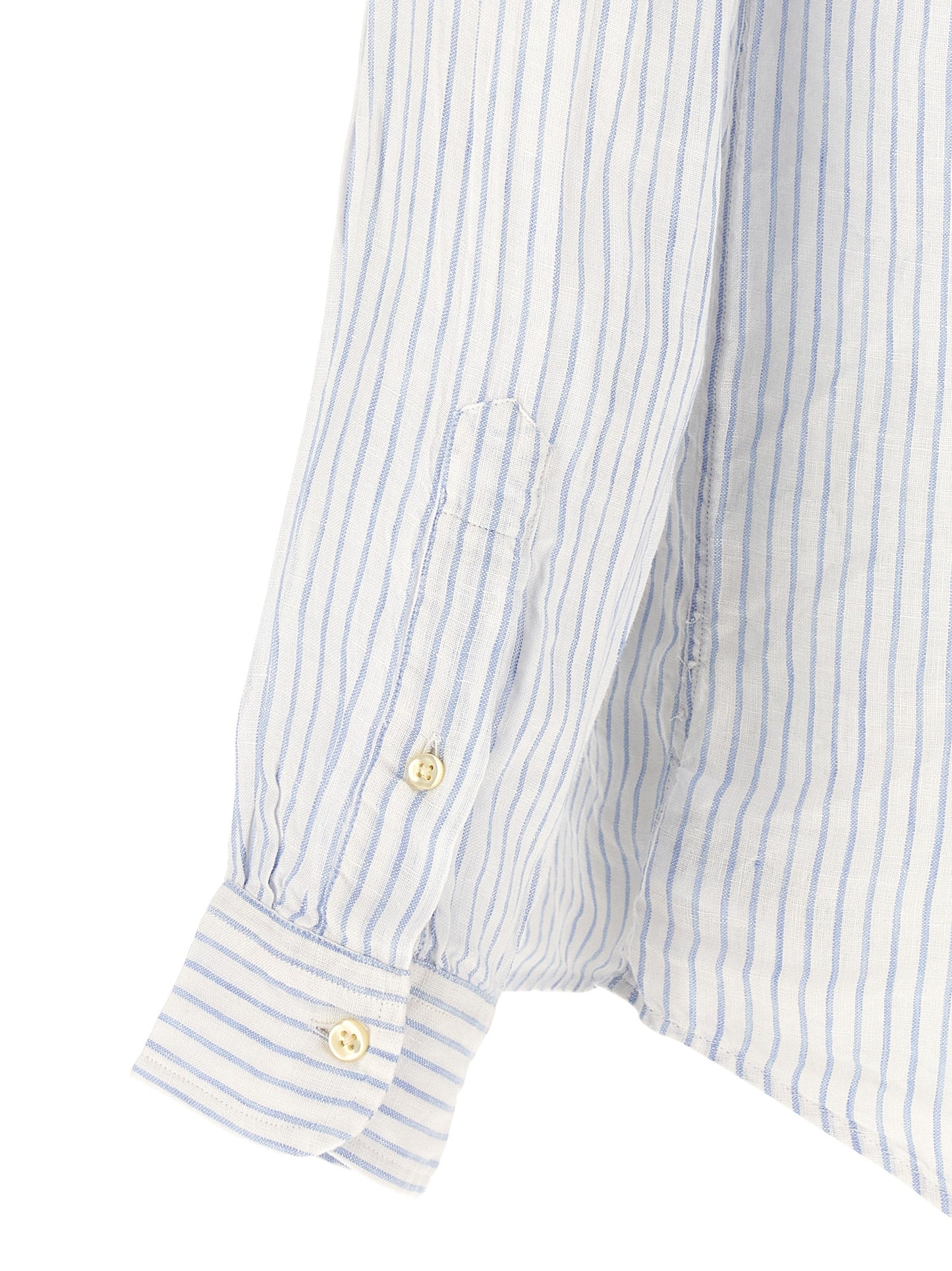 Shirt by Polo Ralph Lauren for men in linen light-blue & striped features an architectural silhouette with a refined and elegant for a architectural look.