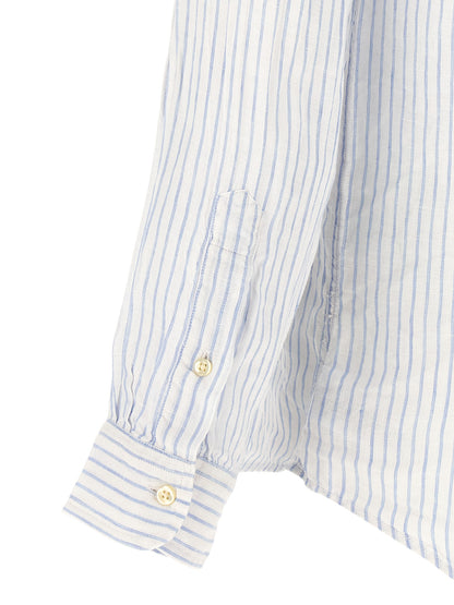 Shirt by Polo Ralph Lauren for men in linen light-blue & striped features an architectural silhouette with a refined and elegant for a architectural look.
