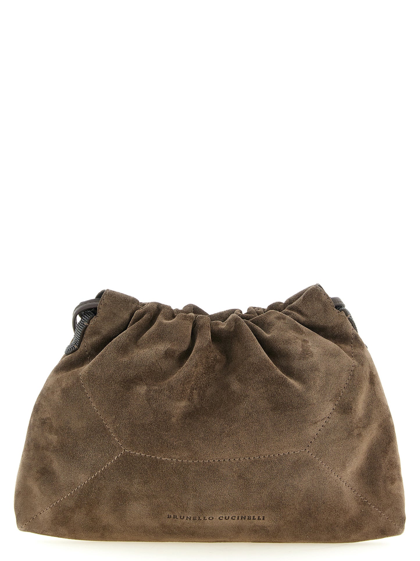 Drawstring Pouch Clutch Handbag by Brunello Cucinelli for women in suede calfskin leather brown & signature showcases a sculptural silhouette, featuring a secure drawstring, ample , and versatile shoulder-strap for a sculptural aesthetic.