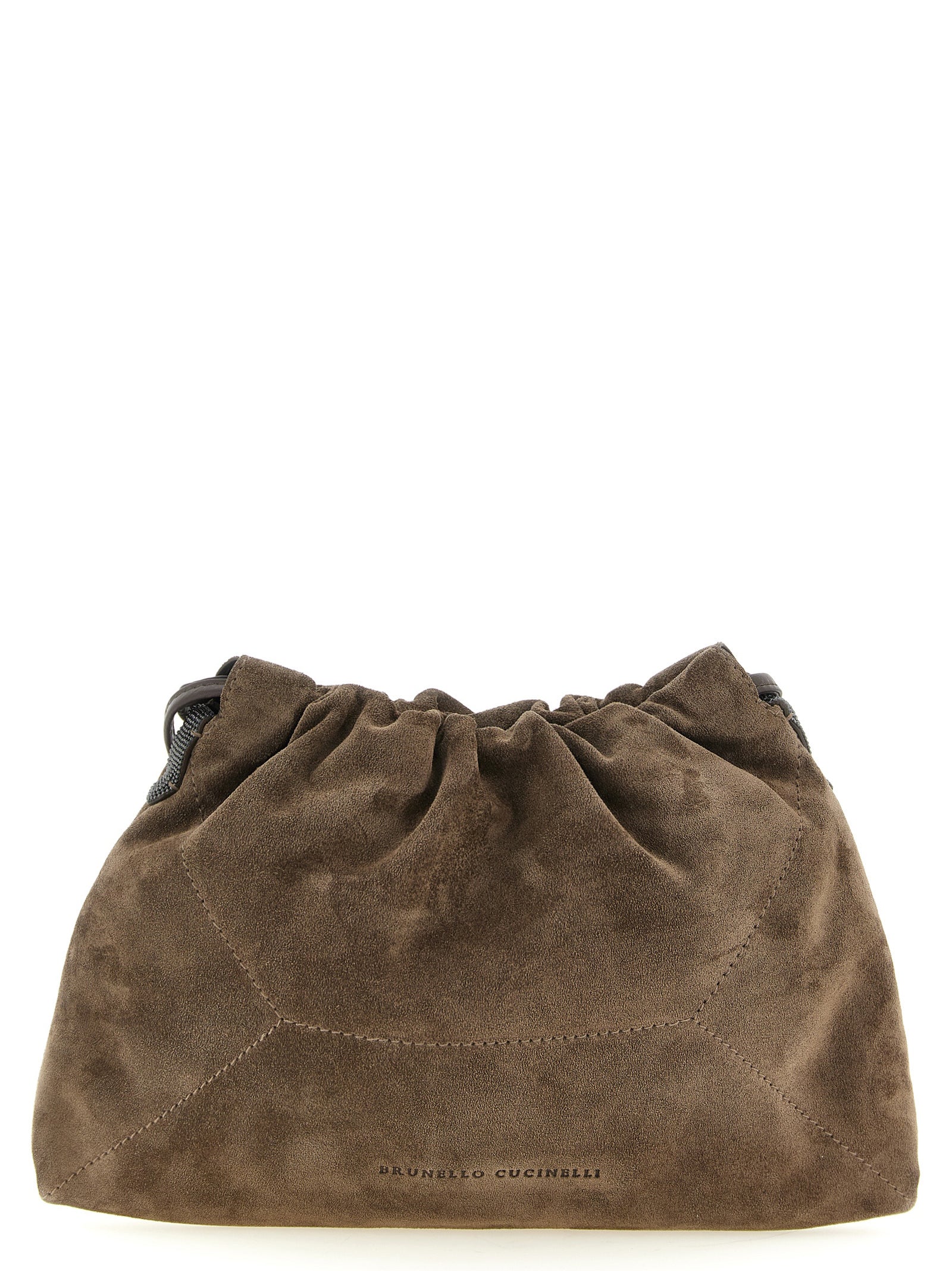 Drawstring Pouch Clutch Handbag by Brunello Cucinelli for women in suede calfskin leather brown & signature showcases a sculptural silhouette, featuring a secure drawstring, ample , and versatile shoulder-strap for a sculptural aesthetic.