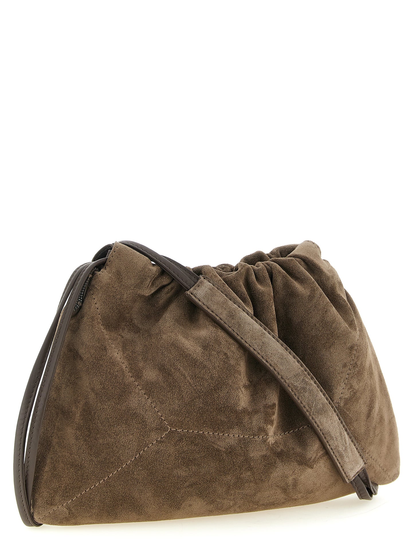 Drawstring Pouch Clutch Handbag by Brunello Cucinelli for women in suede calfskin leather brown & signature showcases a sculptural silhouette, featuring a secure drawstring, ample , and versatile shoulder-strap for a sculptural finish.